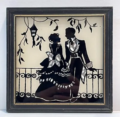 Vntg Silhouette Reverse Painted Foil Art Courting Couple Colonial Dress Terrace • $14.99