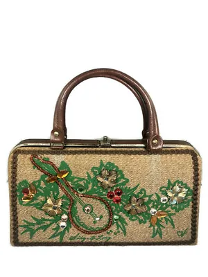 Vintage Caron Of Houston Tan Woven Tweed Beaded Floral Guitar Structured Purse  • $49.99