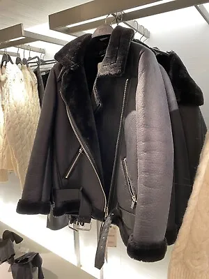 $65 • Buy Ex-display ZARA RRP$219 Heavy Faux Leather Fur Jacket Coat Black Size S