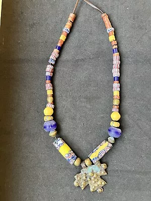 Antique Venetian Millefiori Glass African Trade Beads  Bronze Pendant Necklace  • $22.99