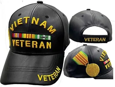 Vietnam Veteran MEDALLION Black Cap Hat Premium Quality PU LEATHER • $14.88