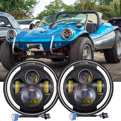 Pair 7'' Round LED Headlights HALO DRL Hi/Lo Beam Fit VW Dune Buggy / Rail Buggy • $36.44