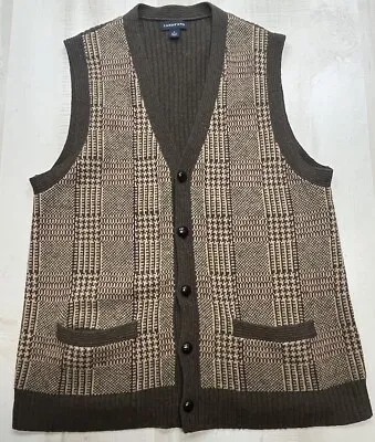 Lands End Button Up Sweater Vest Men’s Size Large Houndstooth Leather Buttons • $22.99