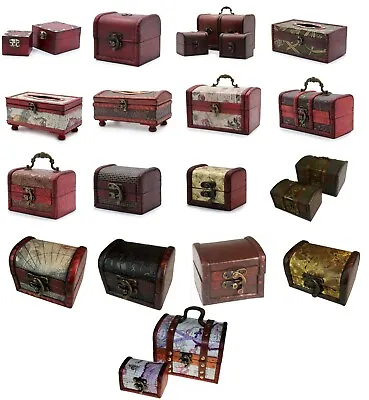 Vintage Style Decorative Wooden Treasure Chest Trinket Storage Tissue Boxes • £11.55