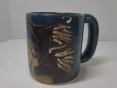 Design By Mara Mexico Art Pottery Signed Large Coffee Mug Horses Teal/Brown 16oz • $12.99