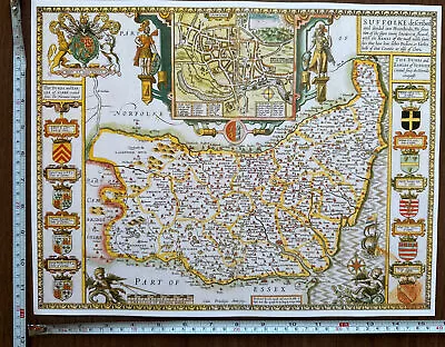 £12 • Buy Old Antique Tudor Poster Map Suffolk, Ipswich: Speed 1600's 15.5  X 12  Reprint
