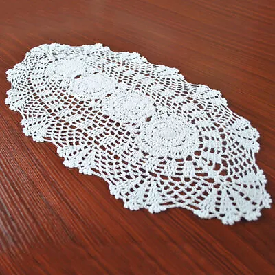 White Vintage Hand Crochet Cotton Lace Doilies Oval Table Runner Mats 30x70cm • £6.47