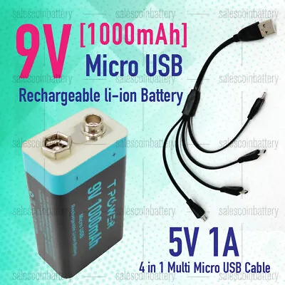 Micro USB 9v 1000mAh Rechargeable Lithium Li-io N Battery For Smoke Alarm • $4.99