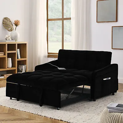 47  Convertible Sleeper Sofa Velvet Loveseat Convertible Pull Out Sofa Bed Black • $530.99