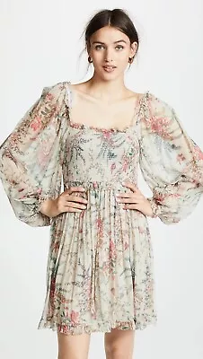 Zimmermann Grey Bayou Flare Short Dress Floral Silk Balloon Sleeve Boho  Size 1 • $279