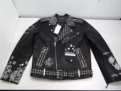 Cult Of Individuality Mens Size Large Jacket Moto Leather Zip Studs Black/White • $134.50