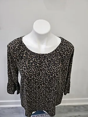 Michael Kors Brown Leopard Print Round Neck 3/4 Sleeve Stretchy Tunic Top Size L • $12.99