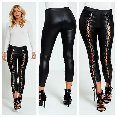 Ladies Womens High Waisted Lace Up Front PVC Leather Wet Look Leggings Pants • £12.99