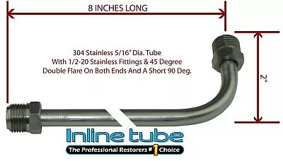 5/16 Fuel Line 8 Inch Stainless Steel 90 Degree Bend Flared 1/2-20 Tube Nuts • $14.75
