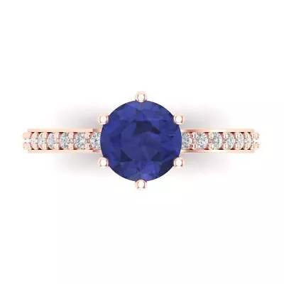 1.7 Round Simulated Tanzanite Classic Bridal Statement Ring Real 14k Pink Gold • £294.10