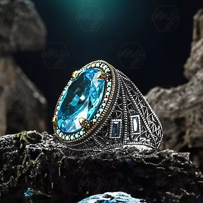 925 Sterling Silver Aquamarine Stone Men's Ring With Turquoise Details • $44.90