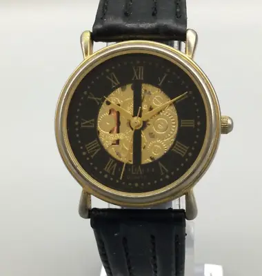 Vintage La Express Watch Women Gold Tone Faux Skeleton Leather Band New Battery • $22.49