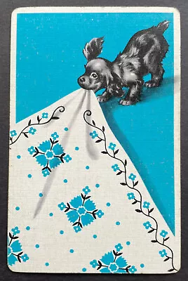 Vintage Swap/Playing Card - CUTE LITTLE DOG PULLING ON TABLE CLOTH • $2.50