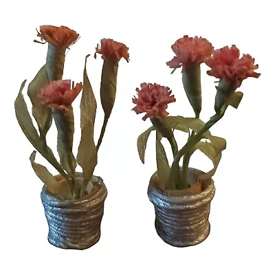 (2) Miniature Dollhouse Potted Plants Pink Flowers Carnation Wicker Pot 2.5  • $11.99