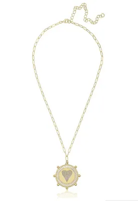 Jennifer Miller Heart Medallion Necklace Yellow Gold Plated Pave Heart Paperclip • $69