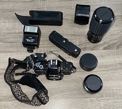 MINOLTA X7-A 35mm Film Camera W/ Case Winder 2 Lenses Flash & Tele Converter • $95