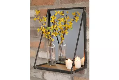 Industrial Style Black Metal Mirror With Wooden Shelf • £24.99