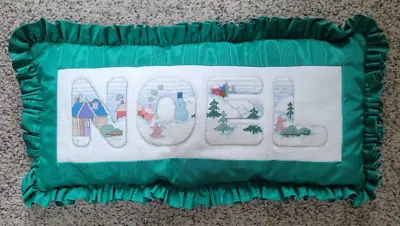 NOEL Pillow Cross Stitch Hand Green Satin Ruffled Vintage 11  X 22  • $26.90