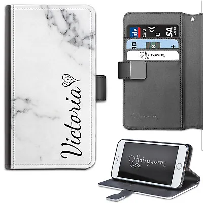 Personalised Black Name On Grey Marble PU Leather Wallet Flip Phone Case • £14.99