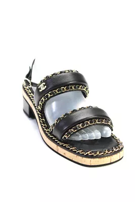 Chanel Womens 2022 Block Heel Chain Double Ankle Strap Sandals Black Leather Siz • $1099.99