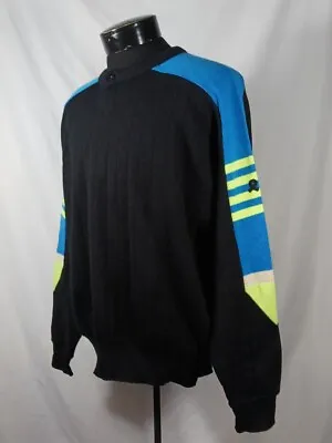 Vintage 80's Demetre Ski Sweater Black Blue Neon Yellow Wool Henley Men's Large • $38.99