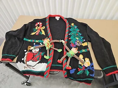 Vintage 1980s Black Knit Fun Holiday Cardigan Ugly Christmas Sweater Women's XL • £40.87