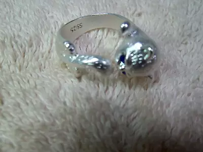Cat Ring  Wrap Around Finger Style Silver Tone Metal Blue Crystal Eyes • $8