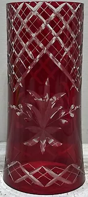 Vintage Bohemian Czech Ruby Red Cranberry Cut To Clear Hurricane Chimney 7” • $19.99