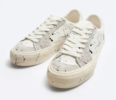 NWT Zara Men's White And Black Leather Painted Sneakers US 11 EUR 44 UK 10 • $39.99