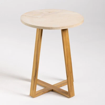 £155 • Buy Chalk Side Table Round Stone Top Boho Scandi Style Teak Wood Frame 45 X 56cm