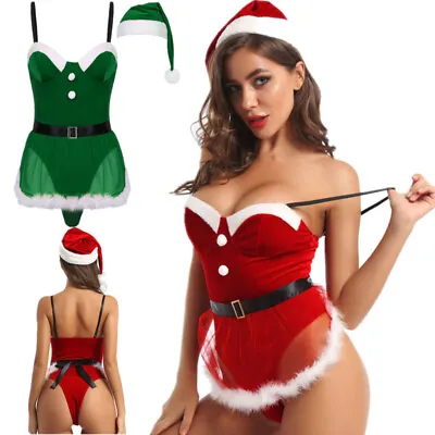 US Women's Christmas Lingerie Set Mrs Santa Claus Straps Bodysuit With Apron Hat • $17.27