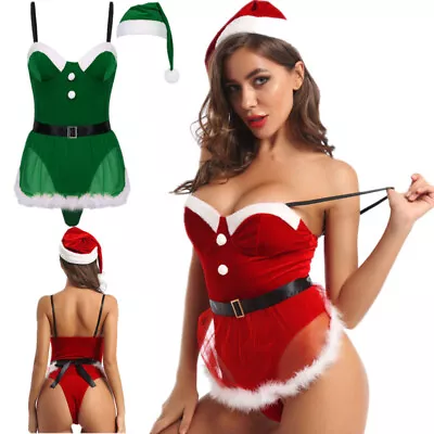 Womens Mrs Santa Claus Christmas Cosplay Costume Outfit Bodysuit With Apron Hat • $16.08