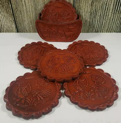 Peruvian Tooled Embossed Leather Coasters Holder Set Llamas Set Of 6 Vintage • $13.22