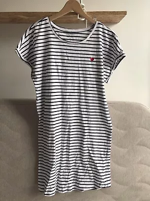 Womens Monoprix Nautical Sailor Blue White Striped A Line T Shirt Dress Size M • £3.99