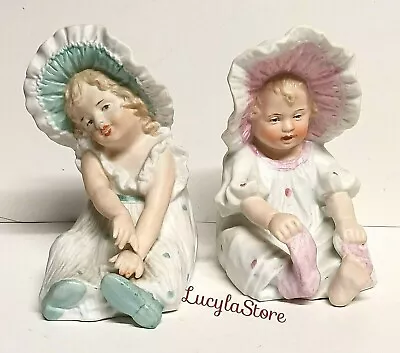 Antique Gebruder Heubach BISQUE Pair Bonnet Girl Baby Piano Miniatures Figurines • $1250