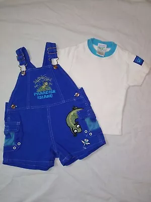 Vtg Simply Basic Baby Boys 12 Mo Overalls Shortalls Cotton  Blue Green Lizard • $15