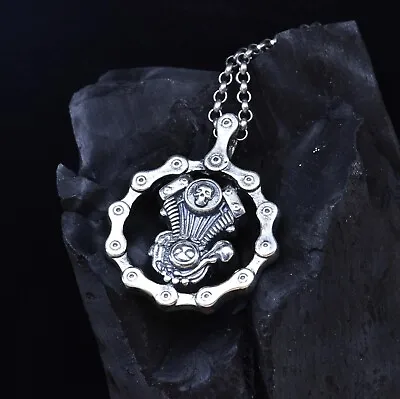925 Sterling Silver Biker Bicycle Chain Skull & V2 Engine Necklace Pendant Charm • $55.35