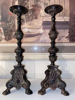 Rare Pair Of Vintage Baroque Bronze Church Altar Candlesticks 15.6” High 1400 KG • $350