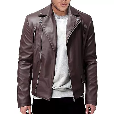 Mens PU Leather Lapel Collar Zipper Jacket Punk Motorcycle Coats Outwear Fashion • $48.69