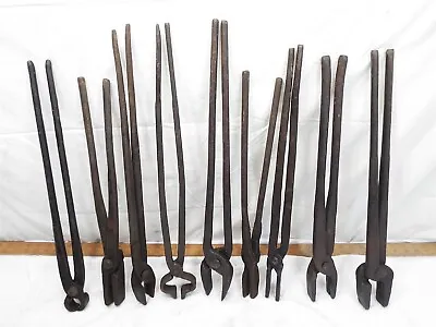 Lot 9 Blacksmith Iron Forging Tongs Iron Vintage Forming Tools Furnace Forge • $259.99