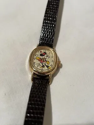 Vintage Lorus Disney Minnie Mouse Watch Gold Bezel Black Faux Leather Band • $19.99