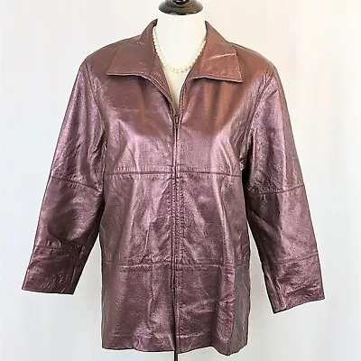 Womens Vintage Metallic Mauve Leather Jacket Ladies Small 1990s 3/4 Sleeve Coat • $59.99