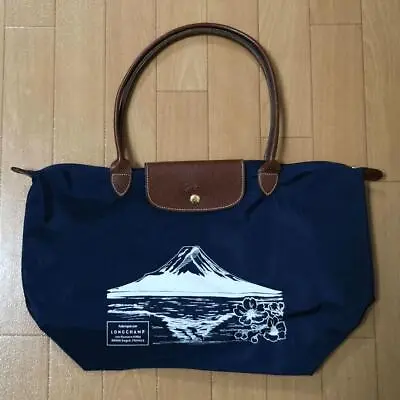 Longchamp Pliage Tote Bag Japan Limited Mt Fuji Illustration Leather Navy Button • $223.92