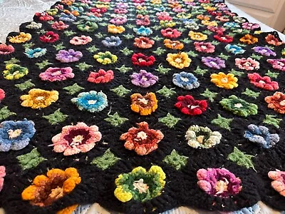Handmade Crochet Vintage Granny Square Afghan Floral Blanket Throw Black 64x42 • $39.99
