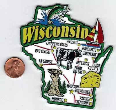   Wisconsin State Jumbo Map Magnet 7 Color  Madison Milwaukee Green Bay  Wausau • $6.40